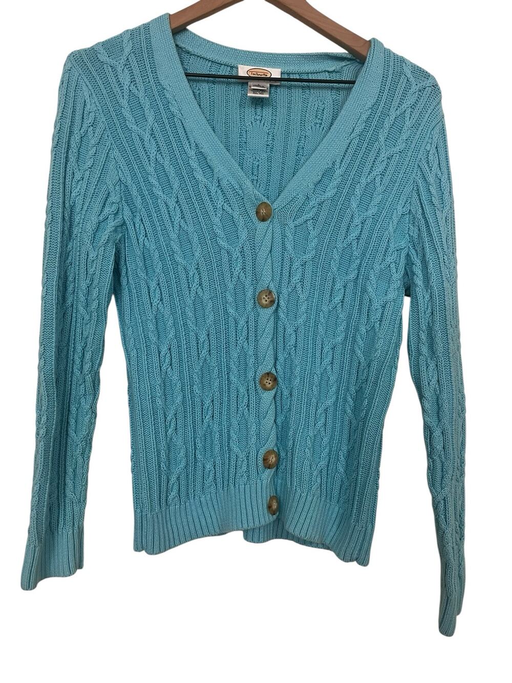 Vintage Talbots Womens Robins Eff Blue Cable Knit Cardigan Size Large Petite